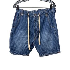 One Teaspoon Sz 32 Men’s Blue Denim Pinstriped Drawstring Jean Shorts Long Rise